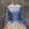 Chic / Beautiful Champagne Pearl Pink Sky Blue Prom Dresses 2017 Ball Gown Scoop Neck Long Sleeve Appliques Lace Flower Pearl Sash Floor-Length / Long Ruffle Pierced Backless Formal Dresses