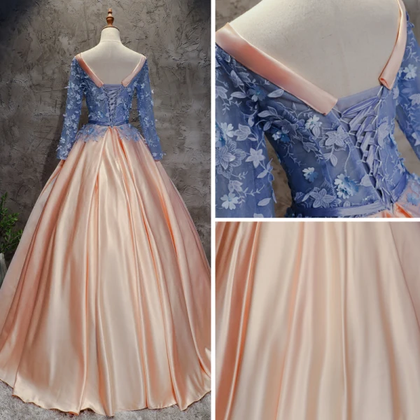 Chic / Beautiful Champagne Pearl Pink Sky Blue Prom Dresses 2017 Ball Gown Scoop Neck Long Sleeve Appliques Lace Flower Pearl Sash Floor-Length / Long Ruffle Pierced Backless Formal Dresses