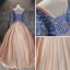 Chic / Beautiful Champagne Pearl Pink Sky Blue Prom Dresses 2017 Ball Gown Scoop Neck Long Sleeve Appliques Lace Flower Pearl Sash Floor-Length / Long Ruffle Pierced Backless Formal Dresses
