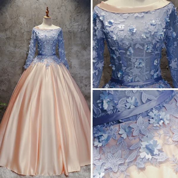 Chic / Beautiful Champagne Pearl Pink Sky Blue Prom Dresses 2017 Ball Gown Scoop Neck Long Sleeve Appliques Lace Flower Pearl Sash Floor-Length / Long Ruffle Pierced Backless Formal Dresses
