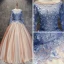 Chic / Beautiful Champagne Pearl Pink Sky Blue Prom Dresses 2017 Ball Gown Scoop Neck Long Sleeve Appliques Lace Flower Pearl Sash Floor-Length / Long Ruffle Pierced Backless Formal Dresses