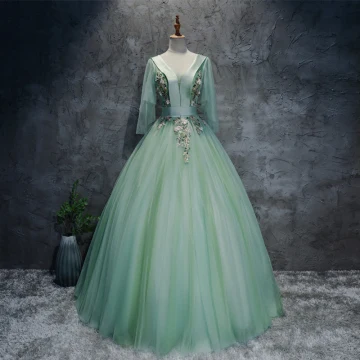 Chic Beautiful Sage Green Prom Dresses 2017 Ball Gown V Neck 3 4 Sleeve Appliques Flower Beading Sequins Sash Floor Length Long Pleated Backless Formal Dresses