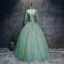 Chic / Beautiful Sage Green Prom Dresses 2017 Ball Gown V-Neck 3/4 Sleeve Appliques Flower Beading Sequins Sash Floor-Length / Long Pleated Backless Formal Dresses