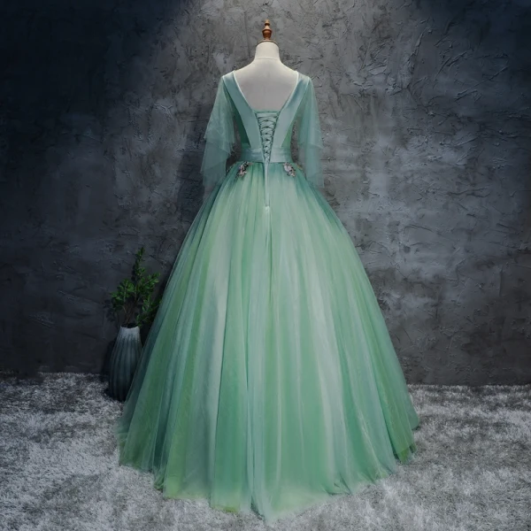 Chic / Beautiful Sage Green Prom Dresses 2017 Ball Gown V-Neck 3/4 Sleeve Appliques Flower Beading Sequins Sash Floor-Length / Long Pleated Backless Formal Dresses