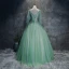 Chic / Beautiful Sage Green Prom Dresses 2017 Ball Gown V-Neck 3/4 Sleeve Appliques Flower Beading Sequins Sash Floor-Length / Long Pleated Backless Formal Dresses