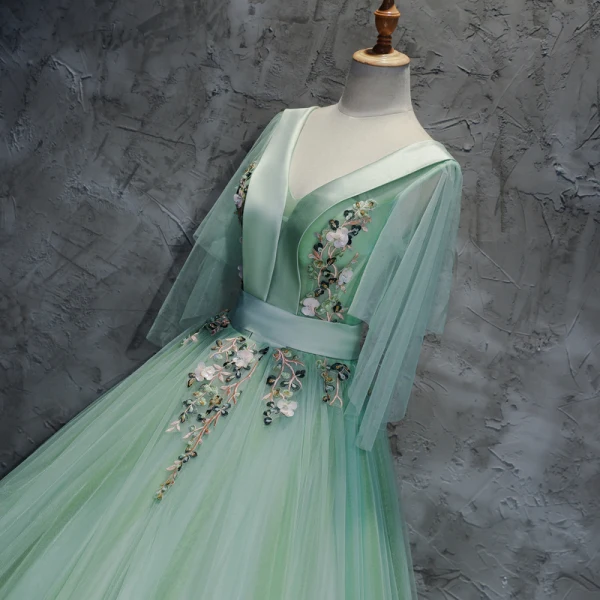 Chic / Beautiful Sage Green Prom Dresses 2017 Ball Gown V-Neck 3/4 Sleeve Appliques Flower Beading Sequins Sash Floor-Length / Long Pleated Backless Formal Dresses