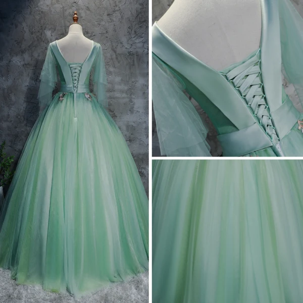 Chic / Beautiful Sage Green Prom Dresses 2017 Ball Gown V-Neck 3/4 Sleeve Appliques Flower Beading Sequins Sash Floor-Length / Long Pleated Backless Formal Dresses