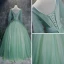 Chic / Beautiful Sage Green Prom Dresses 2017 Ball Gown V-Neck 3/4 Sleeve Appliques Flower Beading Sequins Sash Floor-Length / Long Pleated Backless Formal Dresses