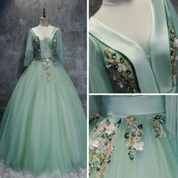 Chic / Beautiful Sage Green Prom Dresses 2017 Ball Gown V-Neck 3/4 Sleeve Appliques Flower Beading Sequins Sash Floor-Length / Long Pleated Backless Formal Dresses