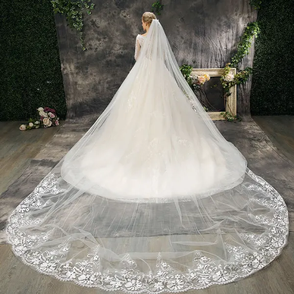 Romantic Chic / Beautiful Church Wedding Dresses 2017 Lace Appliques Pearl Sequins Backless Long Sleeve Scoop Neck Cathedral Train Champagne Ball Gown