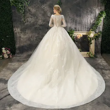 Romantisch Schöne Kirche Brautkleider 2017 Mit Spitze Applikationen Perle Pailletten Rückenfreies Lange Ärmel Rundhalsausschnitt Kathedrale Schleppe Champagner Ballkleid