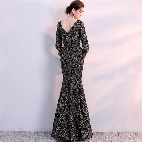 Chic / Belle Noire Doré Robe De Soirée 2018 Trompette / Sirène V-Cou 3/4 Manches Métal Ceinture Fendue devant Longueur Cheville Volants Dos Nu Robe De Ceremonie