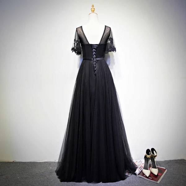 Discount Black Prom Dresses 2018 A-Line / Princess Scoop Neck Short Sleeve Appliques Lace Bow Sash Floor-Length / Long Ruffle Backless Formal Dresses