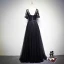 Discount Black Prom Dresses 2018 A-Line / Princess Scoop Neck Short Sleeve Appliques Lace Bow Sash Floor-Length / Long Ruffle Backless Formal Dresses