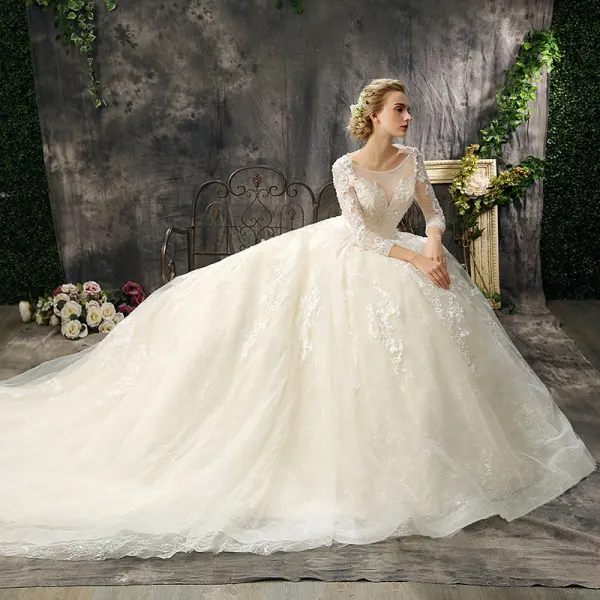 Romantic Chic / Beautiful Church Wedding Dresses 2017 Lace Appliques Pearl Sequins Backless Long Sleeve Scoop Neck Cathedral Train Champagne Ball Gown