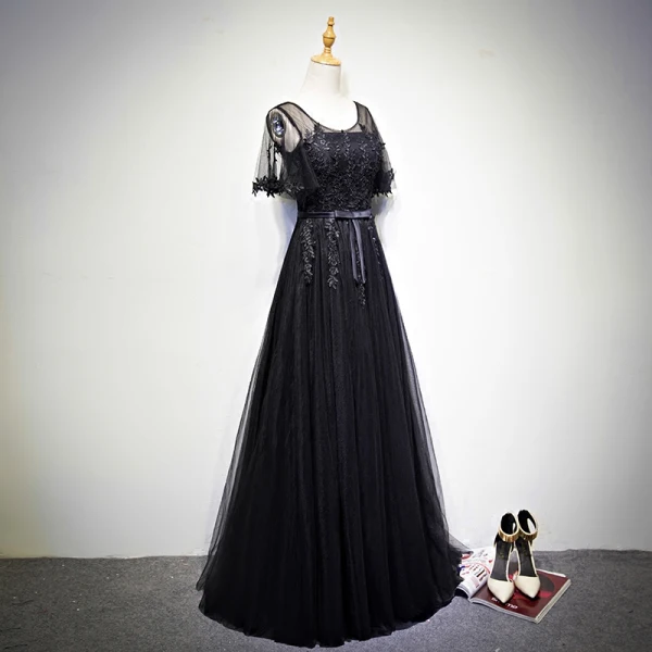Discount Black Prom Dresses 2018 A-Line / Princess Scoop Neck Short Sleeve Appliques Lace Bow Sash Floor-Length / Long Ruffle Backless Formal Dresses