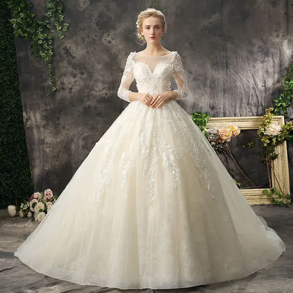 Romantic Chic / Beautiful Church Wedding Dresses 2017 Lace Appliques Pearl Sequins Backless Long Sleeve Scoop Neck Cathedral Train Champagne Ball Gown