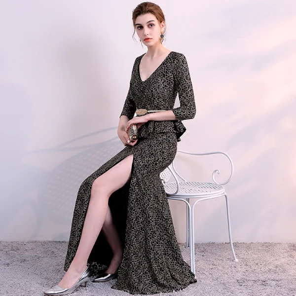 Chic / Belle Noire Doré Robe De Soirée 2018 Trompette / Sirène V-Cou 3/4 Manches Métal Ceinture Fendue devant Longueur Cheville Volants Dos Nu Robe De Ceremonie