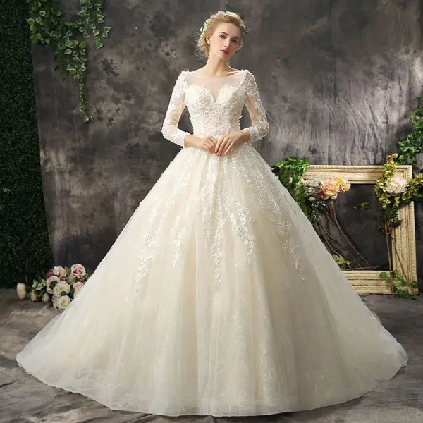Romantic Chic / Beautiful Church Wedding Dresses 2017 Lace Appliques Pearl Sequins Backless Long Sleeve Scoop Neck Cathedral Train Champagne Ball Gown