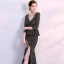 Chic / Belle Noire Doré Robe De Soirée 2018 Trompette / Sirène V-Cou 3/4 Manches Métal Ceinture Fendue devant Longueur Cheville Volants Dos Nu Robe De Ceremonie