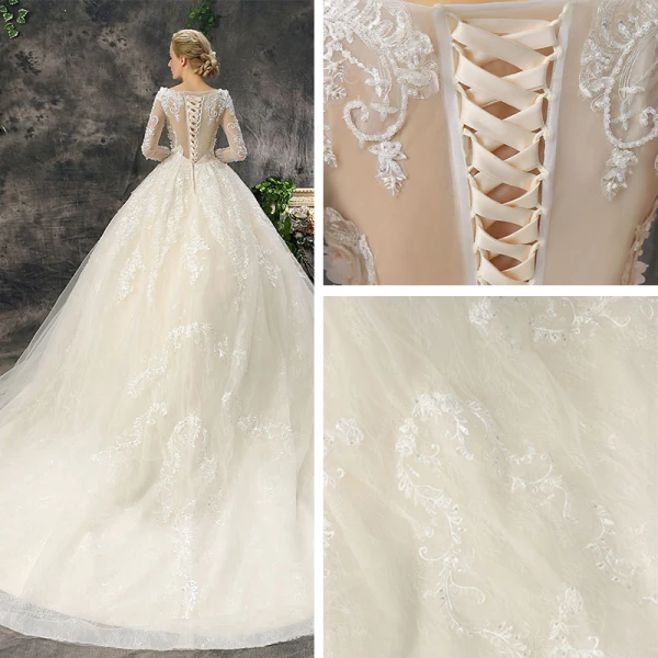 Romantic Chic / Beautiful Church Wedding Dresses 2017 Lace Appliques Pearl Sequins Backless Long Sleeve Scoop Neck Cathedral Train Champagne Ball Gown