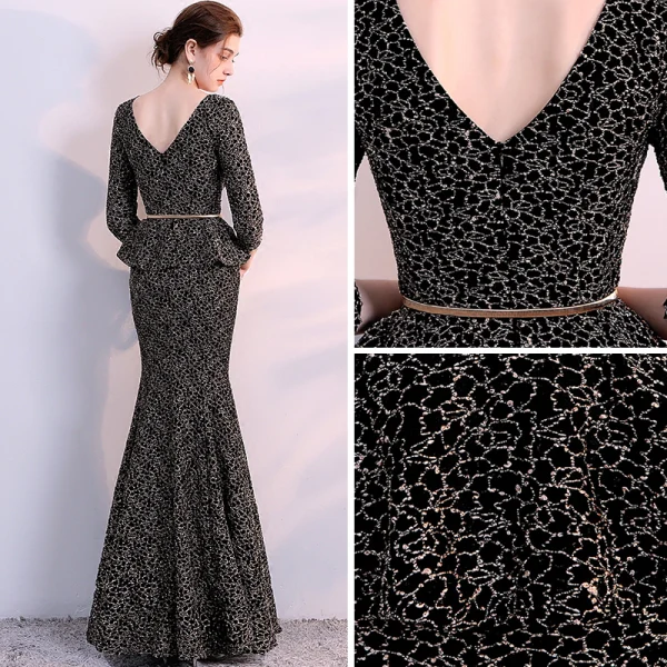 Chic / Belle Noire Doré Robe De Soirée 2018 Trompette / Sirène V-Cou 3/4 Manches Métal Ceinture Fendue devant Longueur Cheville Volants Dos Nu Robe De Ceremonie