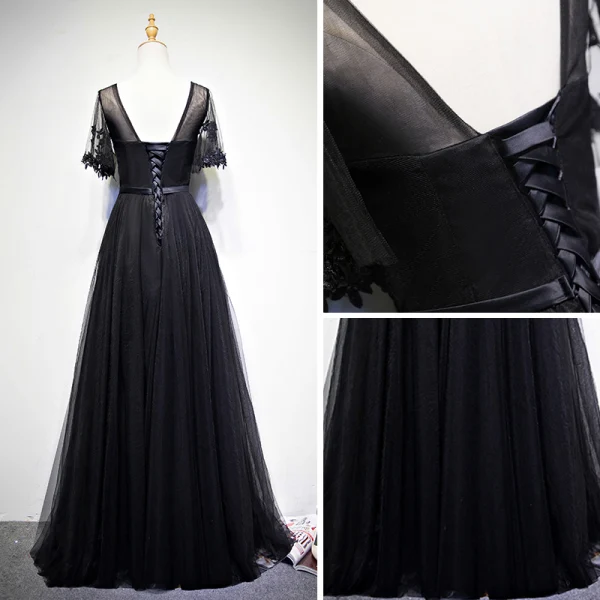 Discount Black Prom Dresses 2018 A-Line / Princess Scoop Neck Short Sleeve Appliques Lace Bow Sash Floor-Length / Long Ruffle Backless Formal Dresses