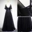 Discount Black Prom Dresses 2018 A-Line / Princess Scoop Neck Short Sleeve Appliques Lace Bow Sash Floor-Length / Long Ruffle Backless Formal Dresses