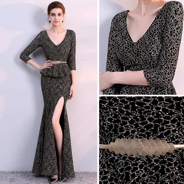 Chic / Belle Noire Doré Robe De Soirée 2018 Trompette / Sirène V-Cou 3/4 Manches Métal Ceinture Fendue devant Longueur Cheville Volants Dos Nu Robe De Ceremonie