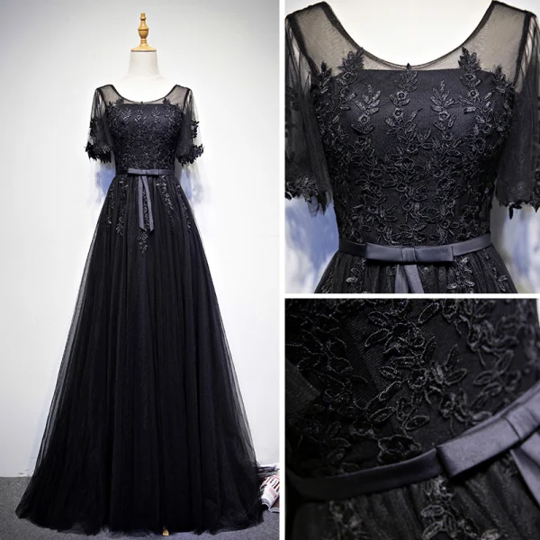Discount Black Prom Dresses 2018 A-Line / Princess Scoop Neck Short Sleeve Appliques Lace Bow Sash Floor-Length / Long Ruffle Backless Formal Dresses