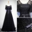 Discount Black Prom Dresses 2018 A-Line / Princess Scoop Neck Short Sleeve Appliques Lace Bow Sash Floor-Length / Long Ruffle Backless Formal Dresses