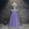 Chic / Beautiful White Lilac Prom Dresses 2017 A-Line / Princess Scoop Neck Sleeveless Appliques Lace Crystal Floor-Length / Long Ruffle Pierced Backless Formal Dresses