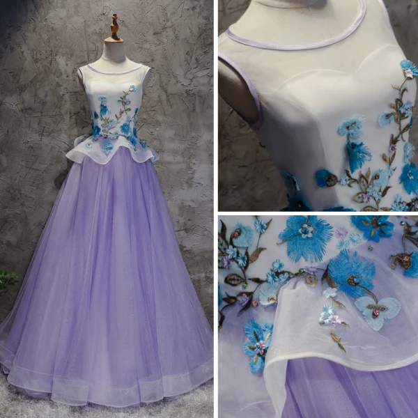 Chic / Beautiful White Lilac Prom Dresses 2017 A-Line / Princess Scoop Neck Sleeveless Appliques Lace Crystal Floor-Length / Long Ruffle Pierced Backless Formal Dresses