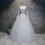 Chic / Beautiful Silver Prom Dresses 2017 Ball Gown Scoop Neck Long Sleeve Appliques Lace Flower Floor-Length / Long Pleated Pierced Backless Formal Dresses