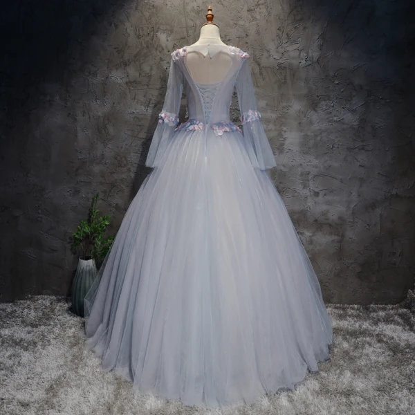Chic / Beautiful Silver Prom Dresses 2017 Ball Gown Scoop Neck Long Sleeve Appliques Lace Flower Floor-Length / Long Pleated Pierced Backless Formal Dresses