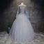 Chic / Beautiful Silver Prom Dresses 2017 Ball Gown Scoop Neck Long Sleeve Appliques Lace Flower Floor-Length / Long Pleated Pierced Backless Formal Dresses
