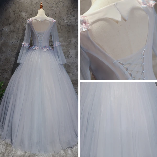 Chic / Beautiful Silver Prom Dresses 2017 Ball Gown Scoop Neck Long Sleeve Appliques Lace Flower Floor-Length / Long Pleated Pierced Backless Formal Dresses