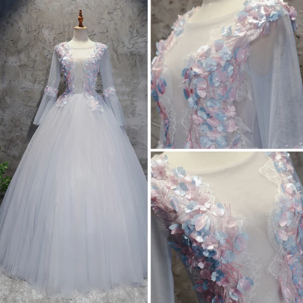 Chic / Beautiful Silver Prom Dresses 2017 Ball Gown Scoop Neck Long Sleeve Appliques Lace Flower Floor-Length / Long Pleated Pierced Backless Formal Dresses