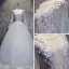 Chic / Beautiful Silver Prom Dresses 2017 Ball Gown Scoop Neck Long Sleeve Appliques Lace Flower Floor-Length / Long Pleated Pierced Backless Formal Dresses