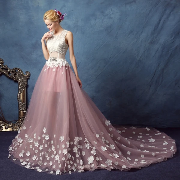 Chic / Beautiful Blushing Pink Prom Dresses 2017 A-Line / Princess Scoop Neck Sleeveless Appliques Flower Pearl Rhinestone Cathedral Train Backless Pierced Formal Dresses