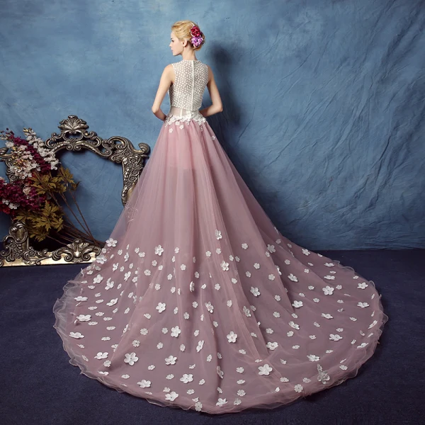 Chic / Beautiful Blushing Pink Prom Dresses 2017 A-Line / Princess Scoop Neck Sleeveless Appliques Flower Pearl Rhinestone Cathedral Train Backless Pierced Formal Dresses