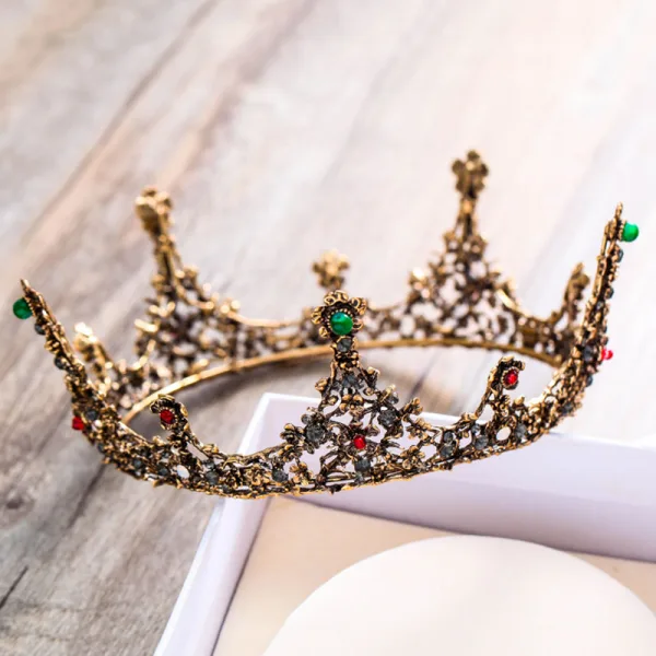 Vintage / Retro Baroque Bronze Tiara 2018 Metal Rhinestone Green Red Beading Accessories