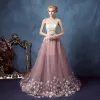 Chic / Beautiful Blushing Pink Prom Dresses 2017 A-Line / Princess Scoop Neck Sleeveless Appliques Flower Pearl Rhinestone Cathedral Train Backless Pierced Formal Dresses