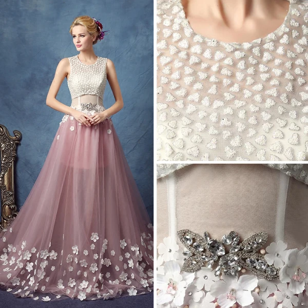 Chic / Beautiful Blushing Pink Prom Dresses 2017 A-Line / Princess Scoop Neck Sleeveless Appliques Flower Pearl Rhinestone Cathedral Train Backless Pierced Formal Dresses