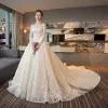 Bling Bling Champagne See-through Wedding Dresses 2018 A-Line / Princess Square Neckline Long Sleeve Backless Appliques Sequins Glitter Tulle Beading Ruffle Cathedral Train