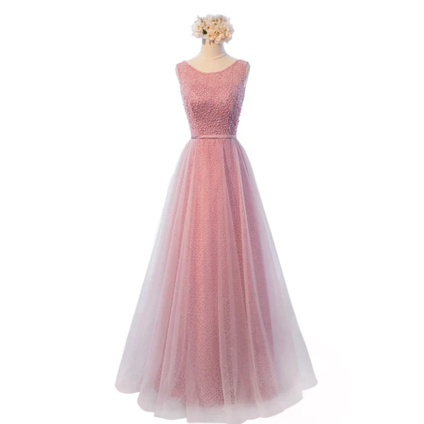 Chic / Belle Rose Bonbon Robe De Soirée 2017 Princesse Encolure Dégagée Sans Manches Appliques En Dentelle Perle Ceinture Longue Volants Dos Nu Robe De Ceremonie