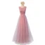 Chic / Belle Rose Bonbon Robe De Soirée 2017 Princesse Encolure Dégagée Sans Manches Appliques En Dentelle Perle Ceinture Longue Volants Dos Nu Robe De Ceremonie