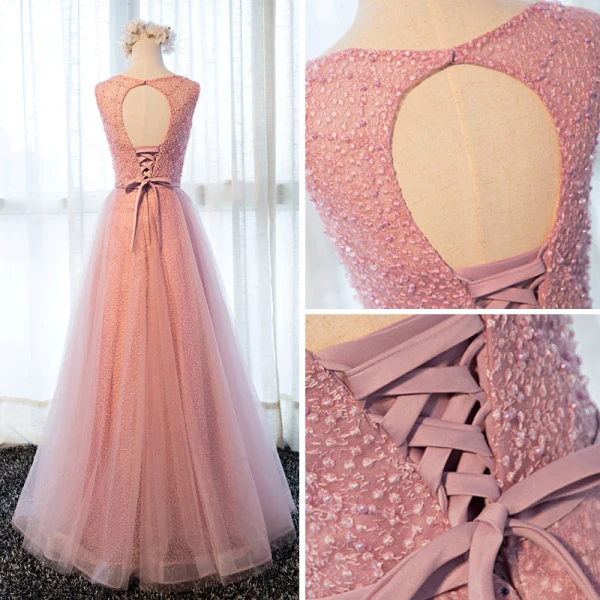 Chic / Belle Rose Bonbon Robe De Soirée 2017 Princesse Encolure Dégagée Sans Manches Appliques En Dentelle Perle Ceinture Longue Volants Dos Nu Robe De Ceremonie