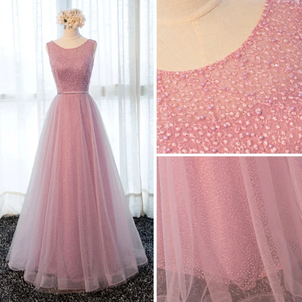 Chic / Belle Rose Bonbon Robe De Soirée 2017 Princesse Encolure Dégagée Sans Manches Appliques En Dentelle Perle Ceinture Longue Volants Dos Nu Robe De Ceremonie