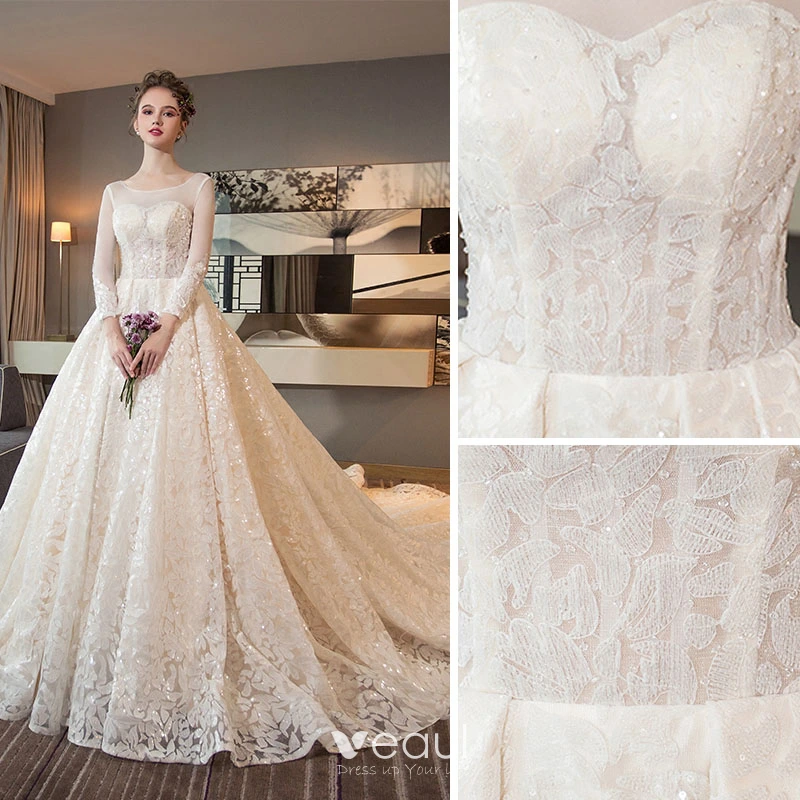 Bling Bling Champagne See-through Wedding Dresses 2018 A-Line / Princess  Square Neckline Long Sleeve Backless